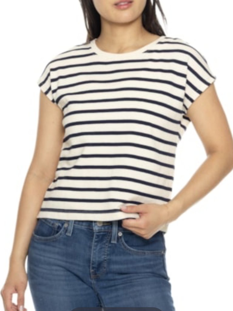 Martha Stewart Collection Navy Ivory Striped Crew Neck Top Size L Martha Stewart Collection Navy Ivory Striped Crew Neck Top Size L